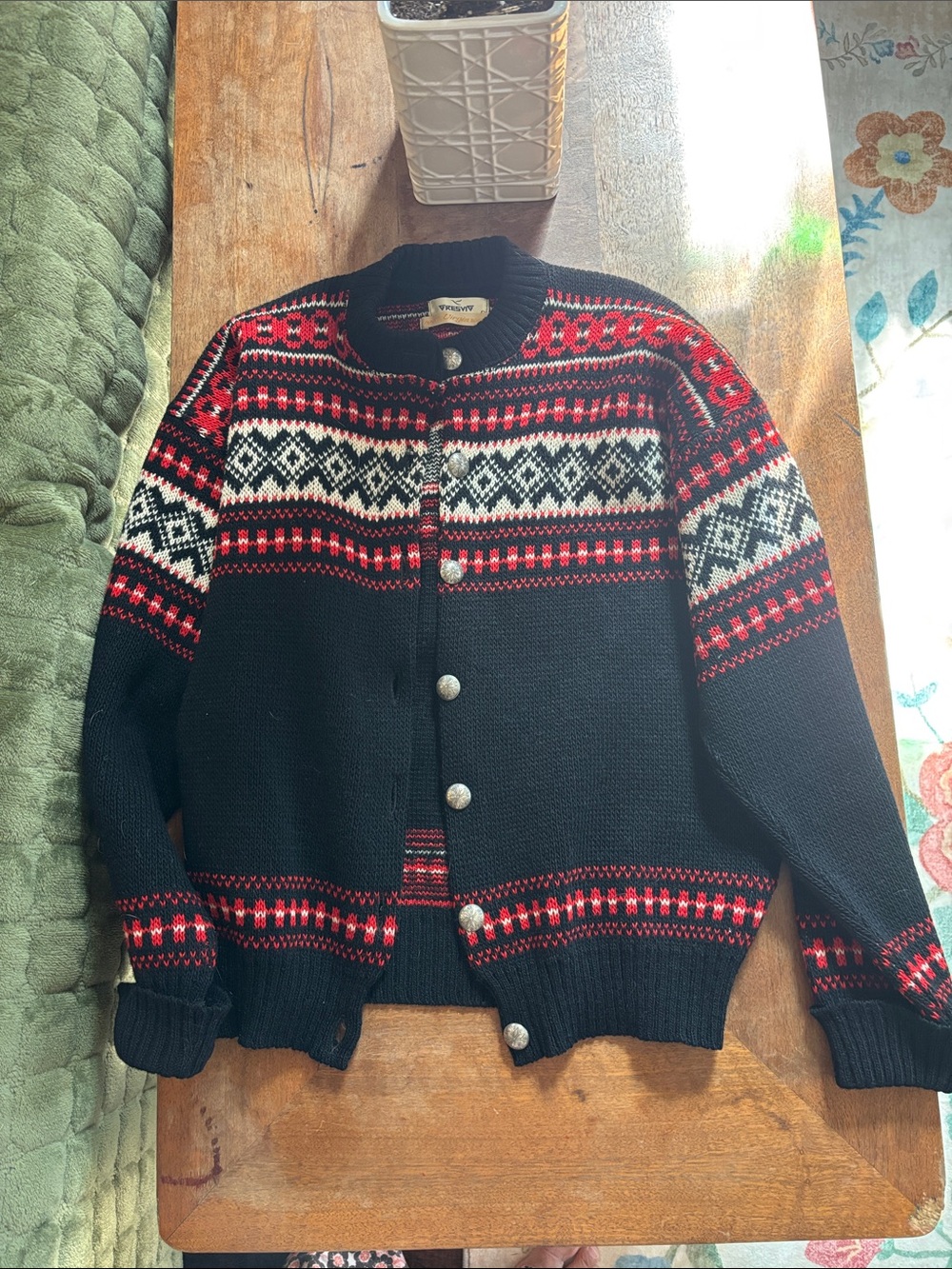 Vintage gresvig norwegian Wool Fair Isle Button Cardigan Sweater - Black/Red